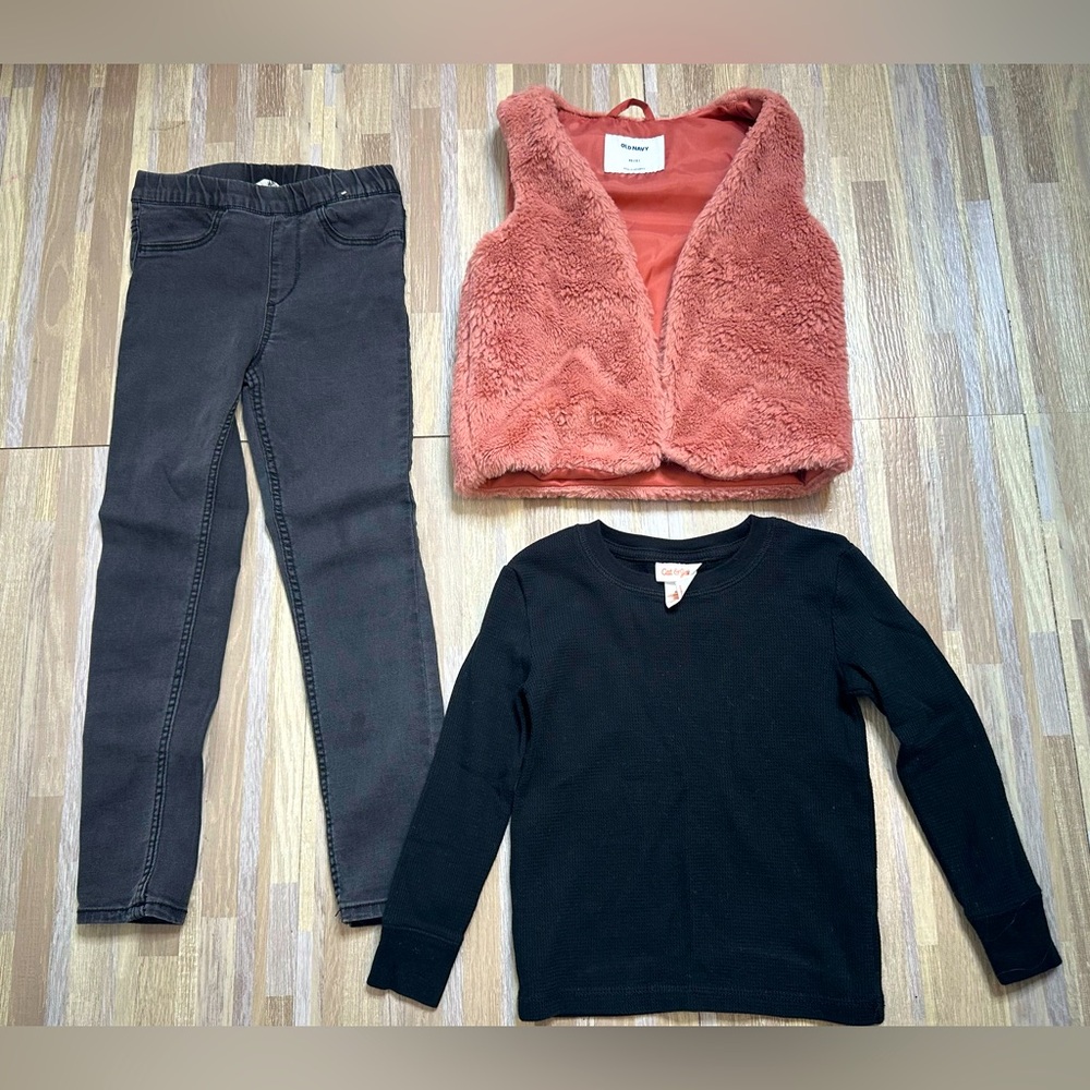 Kids Bundle with Black Jeans, Top and Pink Furry Vest, Size XS